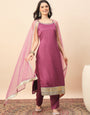 Dusty Pink Straight Kurta Pant Set with Organza Dupatta for Women