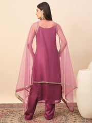 Dusty Pink Straight Kurta Pant Set with Organza Dupatta for Women