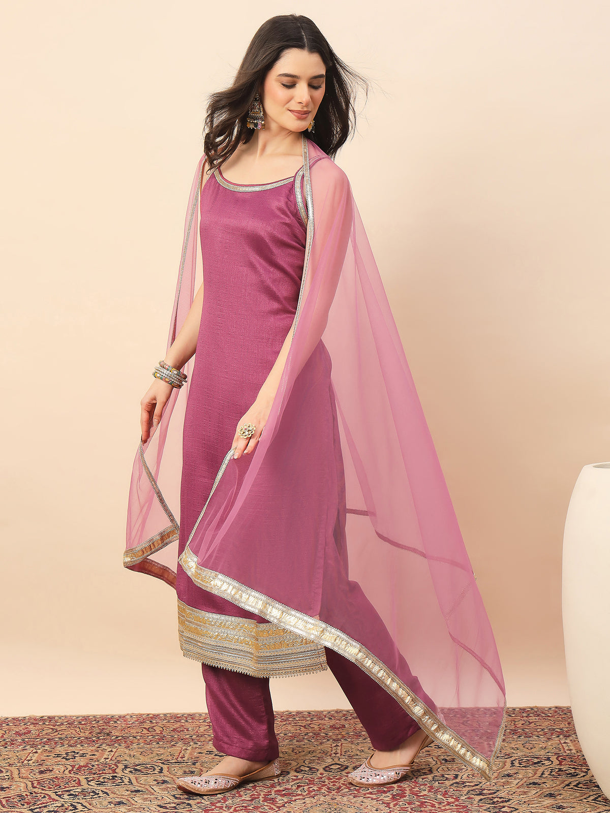 Dusty Pink Straight Kurta Pant Set with Organza Dupatta for Women