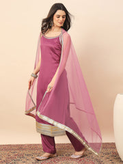 Dusty Pink Straight Kurta Pant Set with Organza Dupatta for Women