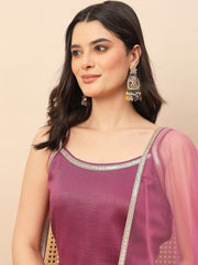 Dusty Pink Straight Kurta Pant Set with Organza Dupatta for Women