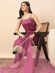 Dusty Pink Straight Kurta Pant Set with Organza Dupatta for Women