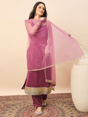 Dusty Pink Straight Kurta Pant Set with Organza Dupatta for Women