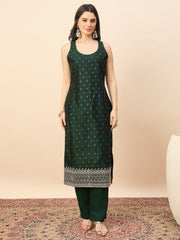 Emerald Green Embroidered Straight Kurta Pant Set with Organza Dupatta for Women