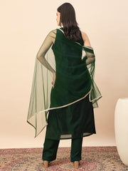 Emerald Green Embroidered Straight Kurta Pant Set with Organza Dupatta for Women
