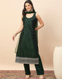 Emerald Green Embroidered Straight Kurta Pant Set with Organza Dupatta for Women