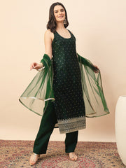 Emerald Green Embroidered Straight Kurta Pant Set with Organza Dupatta for Women