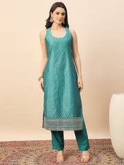 Rama Green Embroidered Straight Kurta Pant Set with Organza Dupatta for Women