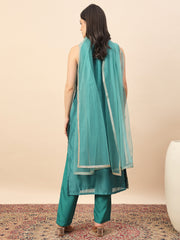 Rama Green Embroidered Straight Kurta Pant Set with Organza Dupatta for Women