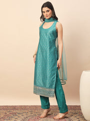 Rama Green Embroidered Straight Kurta Pant Set with Organza Dupatta for Women