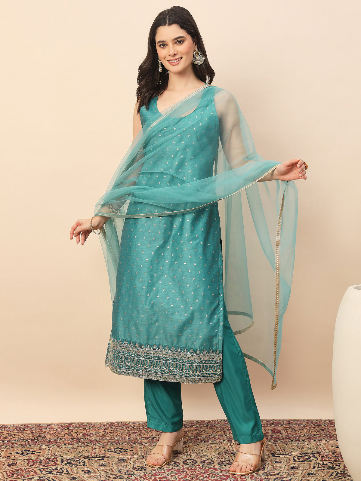 Rama Green Embroidered Straight Kurta Pant Set with Organza Dupatta for Women