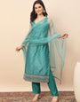 Rama Green Embroidered Straight Kurta Pant Set with Organza Dupatta for Women