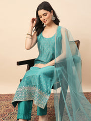 Rama Green Embroidered Straight Kurta Pant Set with Organza Dupatta for Women