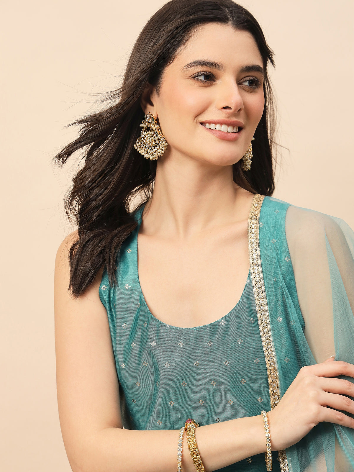 Rama Green Embroidered Straight Kurta Pant Set with Organza Dupatta for Women