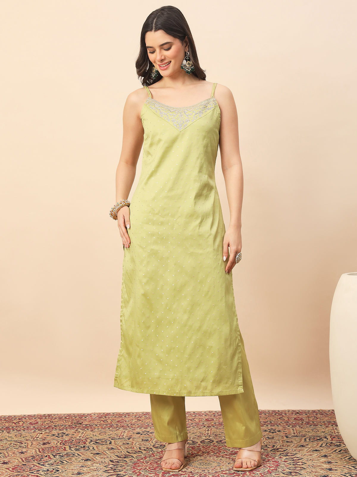Lime Green Embroidered Straight Kurta Set with Dupatta for Women | Festive & Party Wear Ethnic Suit