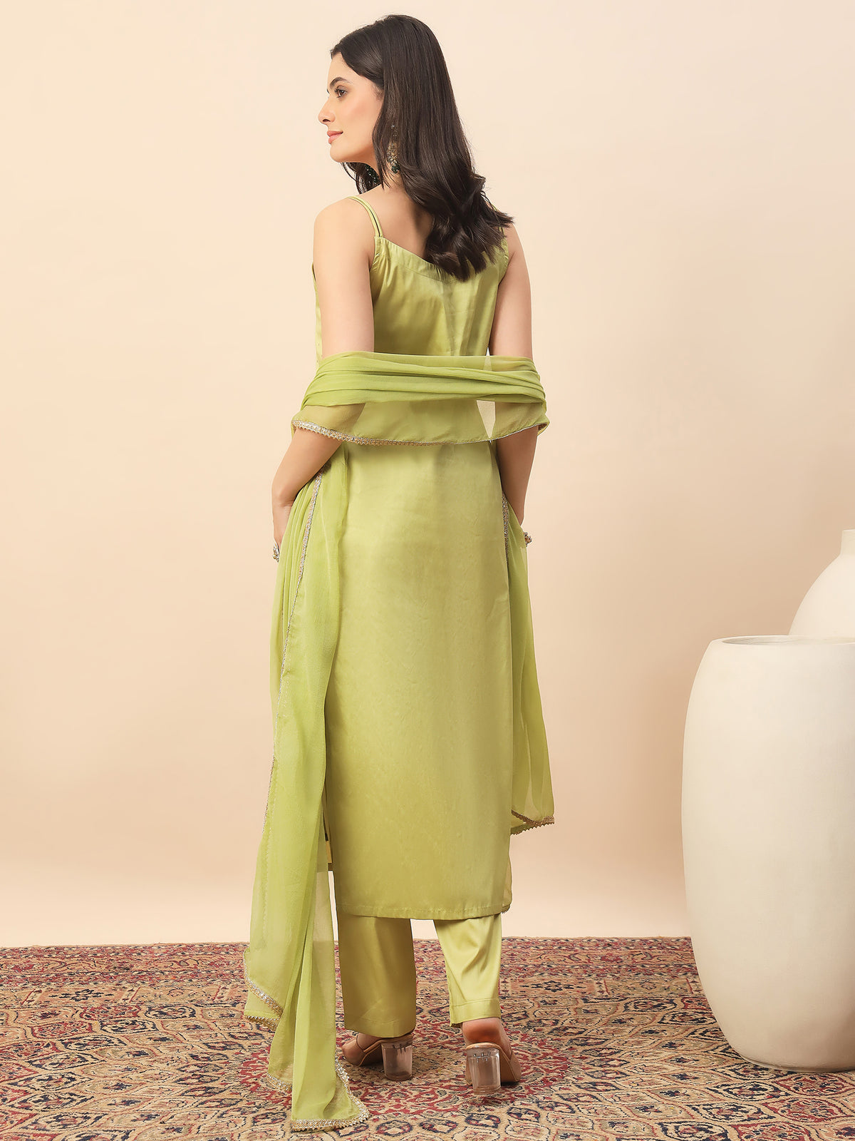 Lime Green Embroidered Straight Kurta Set with Dupatta for Women | Festive & Party Wear Ethnic Suit