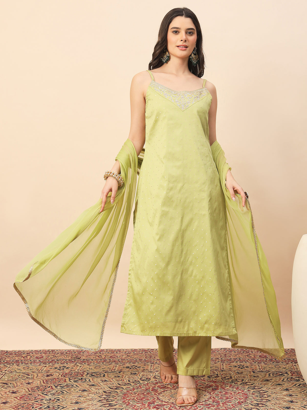 Lime Green Embroidered Straight Kurta Set with Dupatta for Women | Festive & Party Wear Ethnic Suit