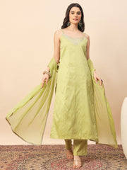 Lime Green Embroidered Straight Kurta Set with Dupatta for Women | Festive & Party Wear Ethnic Suit