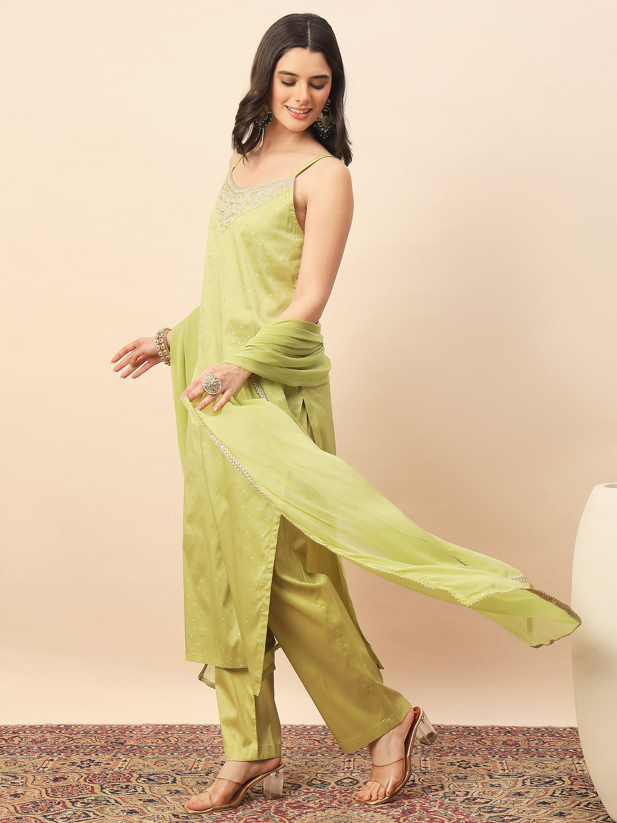 Lime Green Embroidered Straight Kurta Set with Dupatta for Women | Festive & Party Wear Ethnic Suit