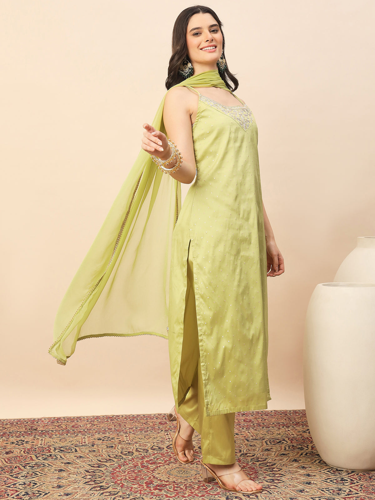 Lime Green Embroidered Straight Kurta Set with Dupatta for Women | Festive & Party Wear Ethnic Suit