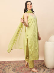 Lime Green Embroidered Straight Kurta Set with Dupatta for Women | Festive & Party Wear Ethnic Suit