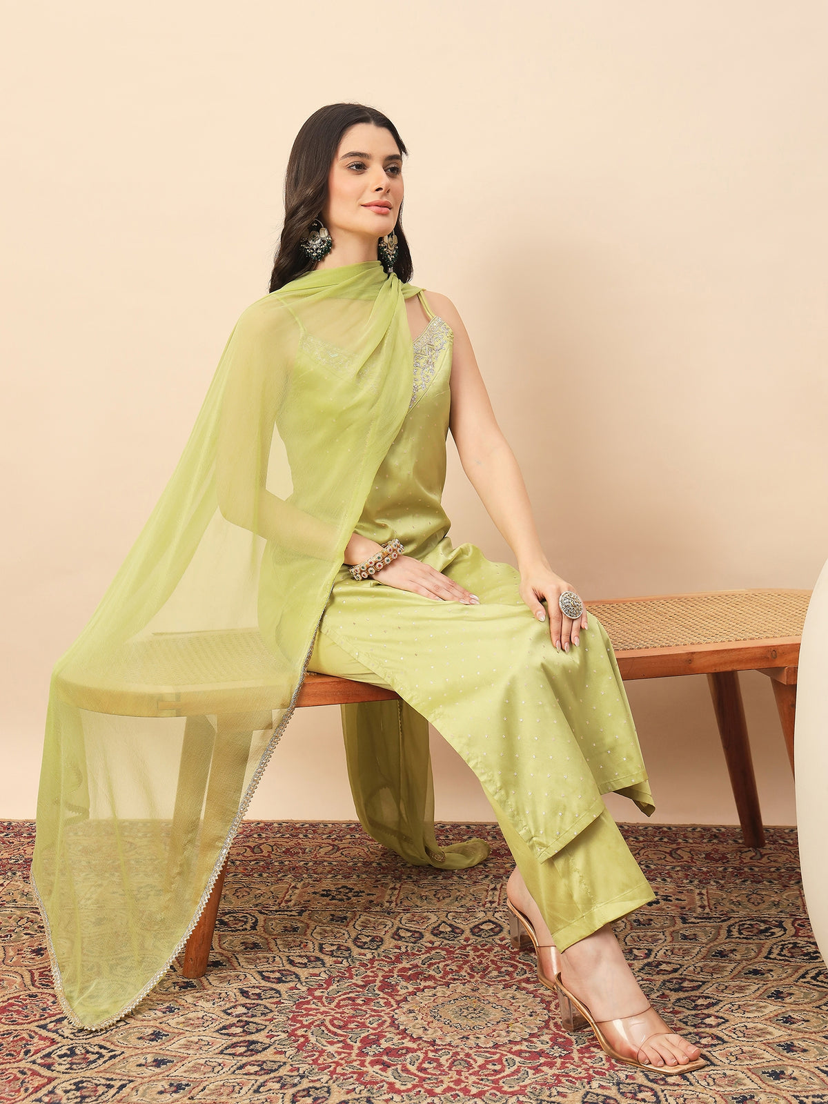Lime Green Embroidered Straight Kurta Set with Dupatta for Women | Festive & Party Wear Ethnic Suit