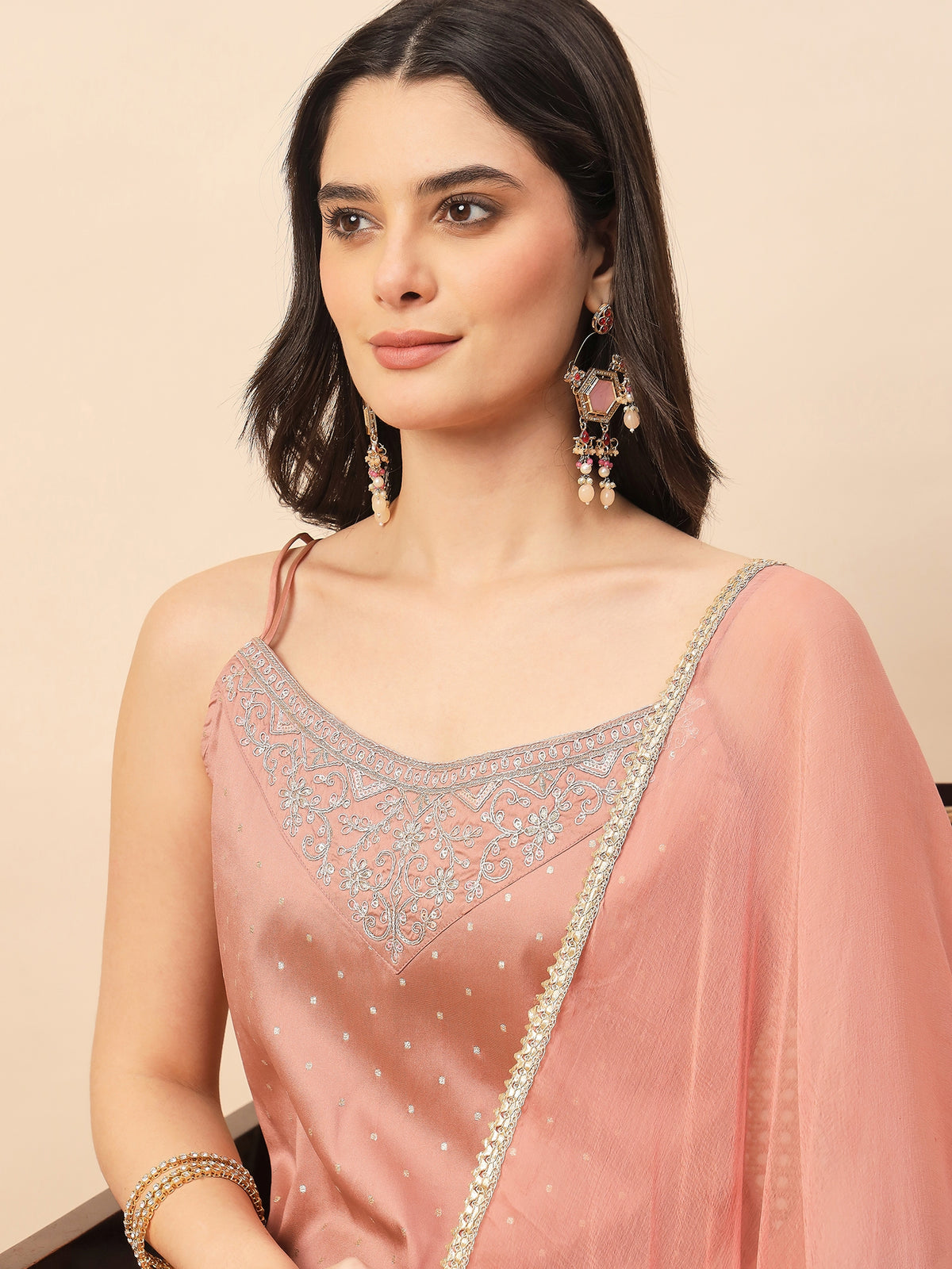 Women's Peach Embroidered Straight Kurta Set with Dupatta | Festive & Party Wear Ethnic Suit (Copy)