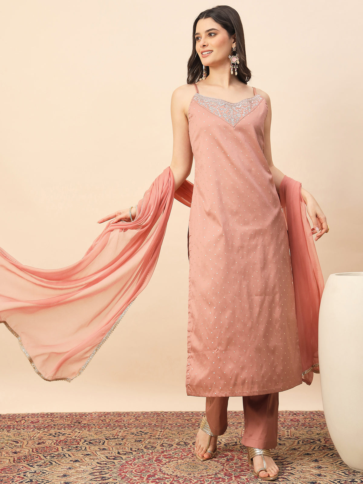 Women's Peach Embroidered Straight Kurta Set with Dupatta | Festive & Party Wear Ethnic Suit (Copy)