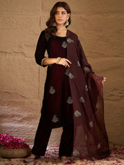 Maroon Velvet Embroidered Kurta, Pant and Dupatta Set