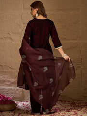 Maroon Velvet Embroidered Kurta, Pant and Dupatta Set