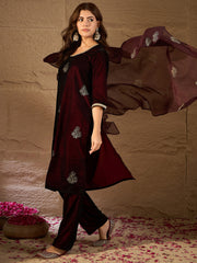Maroon Velvet Embroidered Kurta, Pant and Dupatta Set