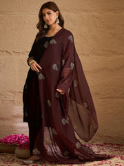 Maroon Velvet Embroidered Kurta, Pant and Dupatta Set
