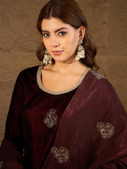 Maroon Velvet Embroidered Kurta, Pant and Dupatta Set