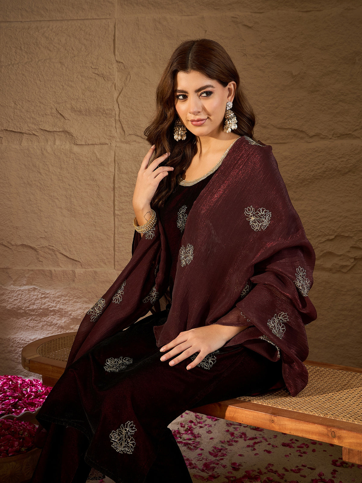 Maroon Velvet Embroidered Kurta, Pant and Dupatta Set