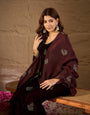 Maroon Velvet Embroidered Kurta, Pant and Dupatta Set
