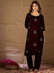 Maroon Velvet Embroidered Kurta, Pant and Dupatta Set