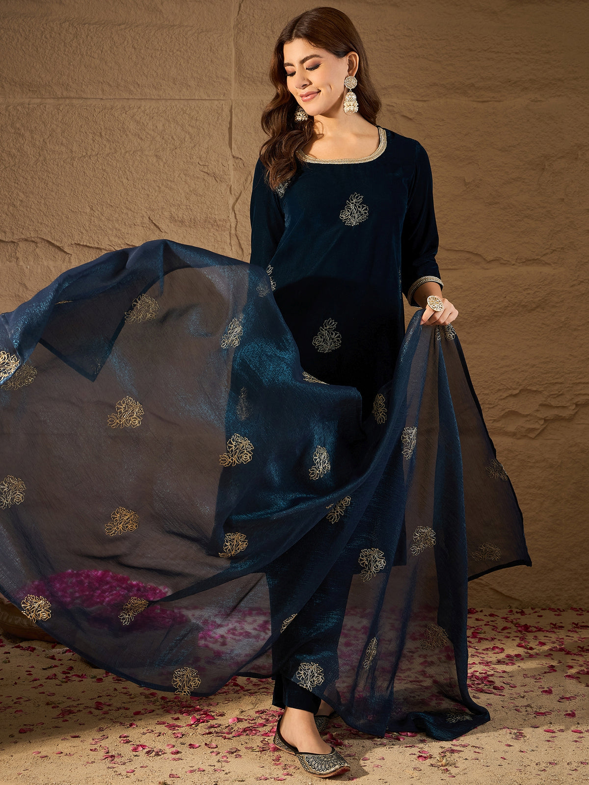 Navy Blue Velvet Embroidered Kurta, Pant and Dupatta Set