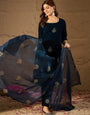 Navy Blue Velvet Embroidered Kurta, Pant and Dupatta Set