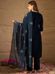 Navy Blue Velvet Embroidered Kurta, Pant and Dupatta Set