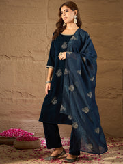 Navy Blue Velvet Embroidered Kurta, Pant and Dupatta Set