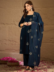 Navy Blue Velvet Embroidered Kurta, Pant and Dupatta Set