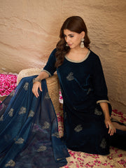 Navy Blue Velvet Embroidered Kurta, Pant and Dupatta Set