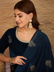 Navy Blue Velvet Embroidered Kurta, Pant and Dupatta Set