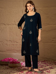 Navy Blue Velvet Embroidered Kurta, Pant and Dupatta Set