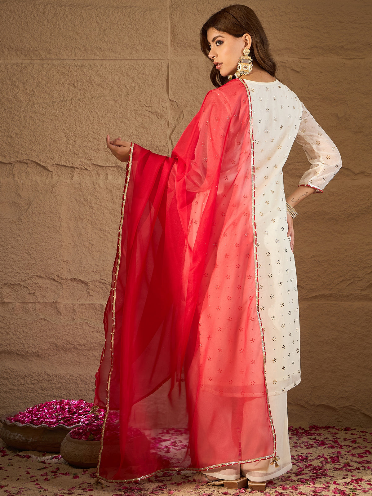Elegant Off-White & Coral Ombre Embroidered Kurta Set with Dupatta for Women