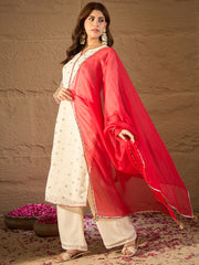 Elegant Off-White & Coral Ombre Embroidered Kurta Set with Dupatta for Women