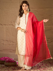 Elegant Off-White & Coral Ombre Embroidered Kurta Set with Dupatta for Women