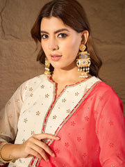 Elegant Off-White & Coral Ombre Embroidered Kurta Set with Dupatta for Women