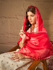 Elegant Off-White & Coral Ombre Embroidered Kurta Set with Dupatta for Women