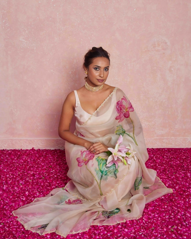 Soft Organza Floral Printed Handwork Saree